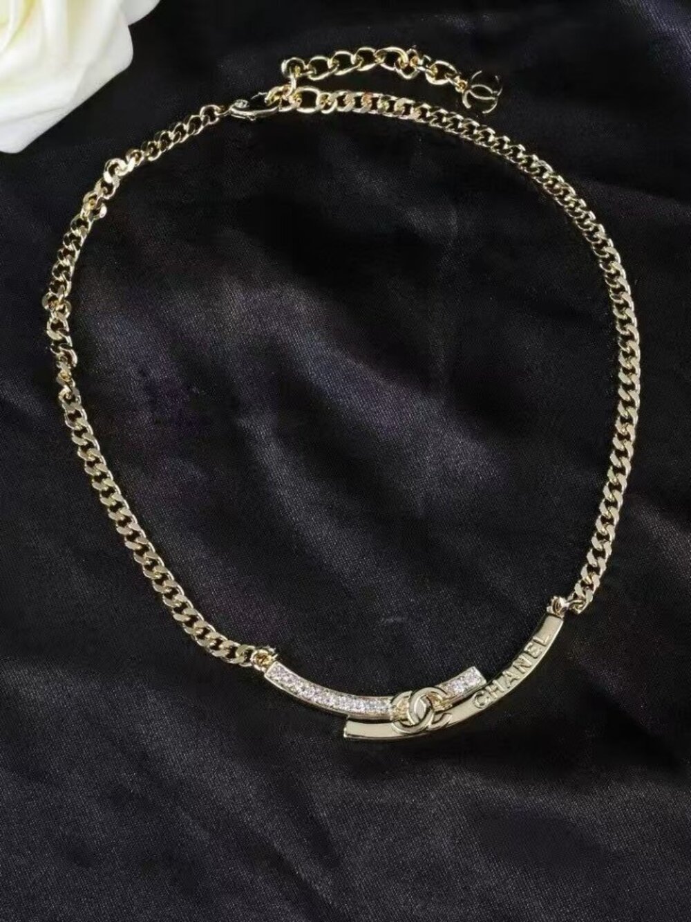 Chanel Double C Letter Square Logo Diamond-Paved Pearl Necklace - Gold Luxury Ca
